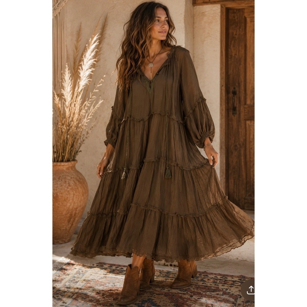 &merci Brown‎ Tiered Boho Maxi Dress Long Sleeve Tassel Crochet Trim Womens M